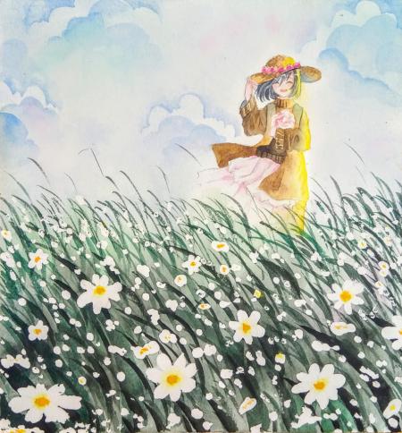 Watercolor painting step by step - Girl in the flower field